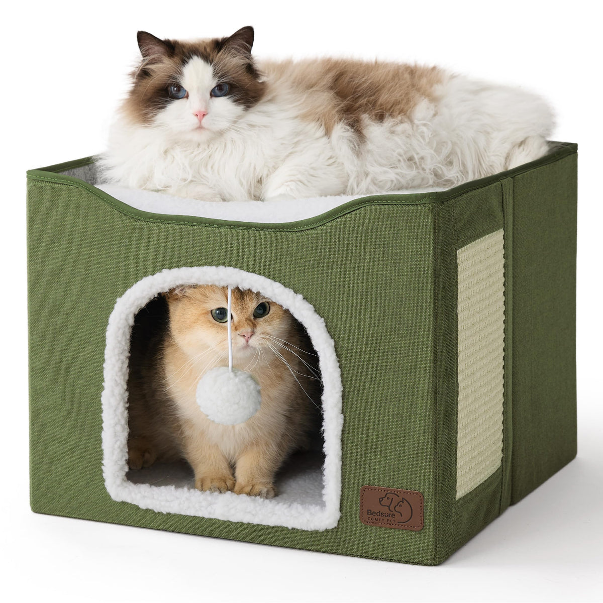 Bedsure Cat House Bed for Indoor Cats with Fluffy Ball and Scratch Pad,Grey | 16.5x16.5x13 in,Large cat cave for multiple pets,Foldable cat hideway cube for sleeping kitten