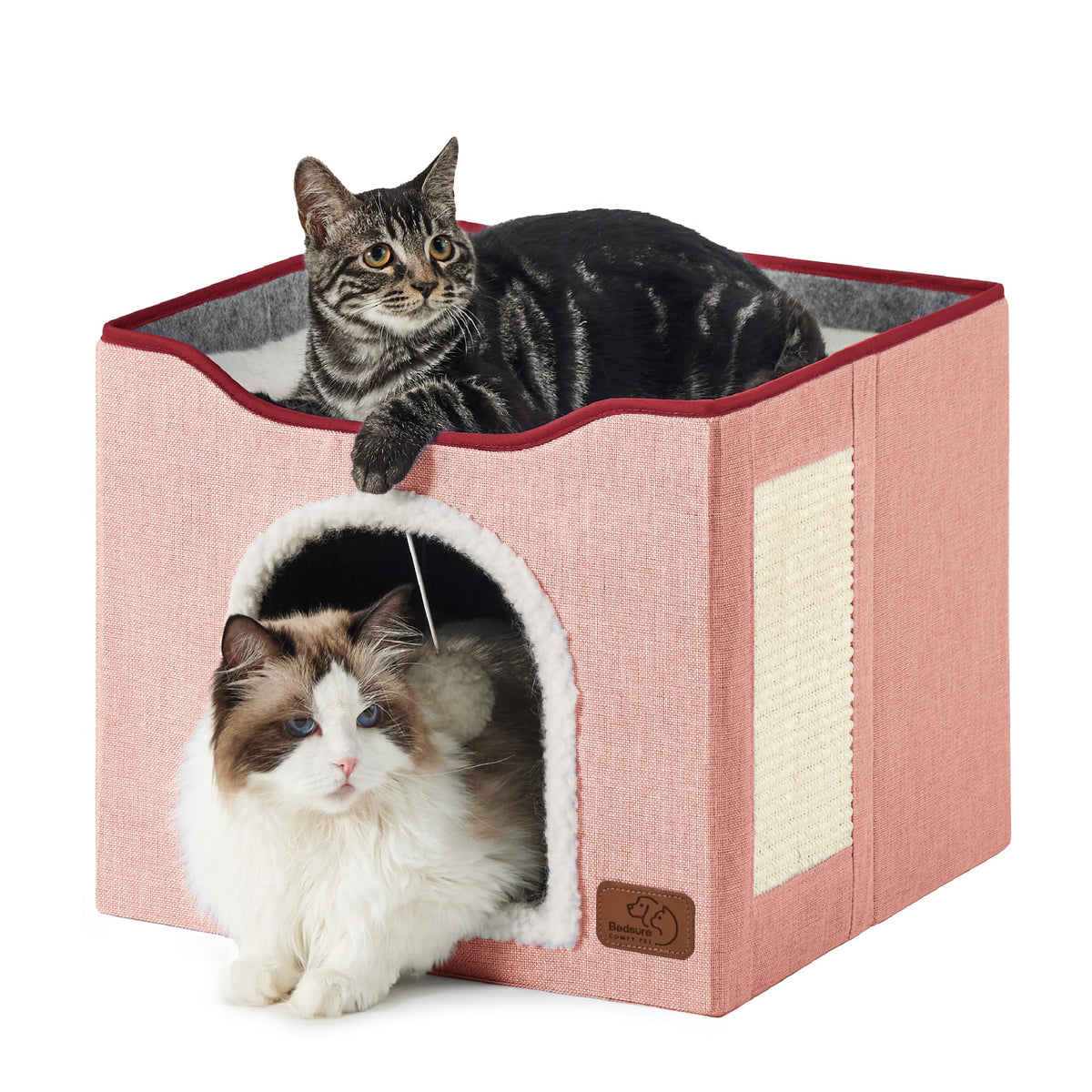 Bedsure Cat House Bed for Indoor Cats with Fluffy Ball and Scratch Pad,Grey | 16.5x16.5x13 in,Large cat cave for multiple pets,Foldable cat hideway cube for sleeping kitten
