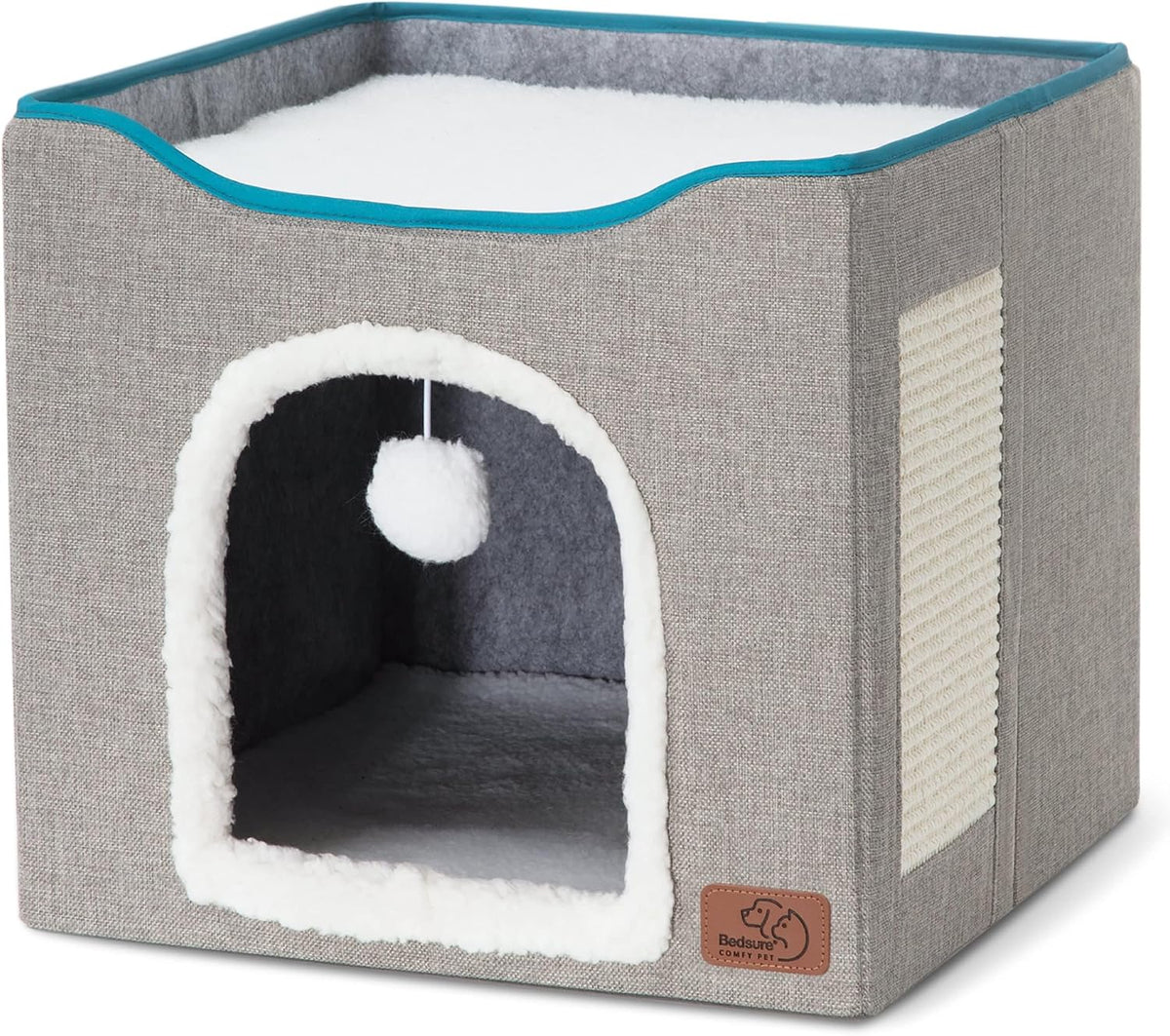Bedsure Cat House Bed for Indoor Cats with Fluffy Ball and Scratch Pad,Grey | 16.5x16.5x13 in,Large cat cave for multiple pets,Foldable cat hideway cube for sleeping kitten
