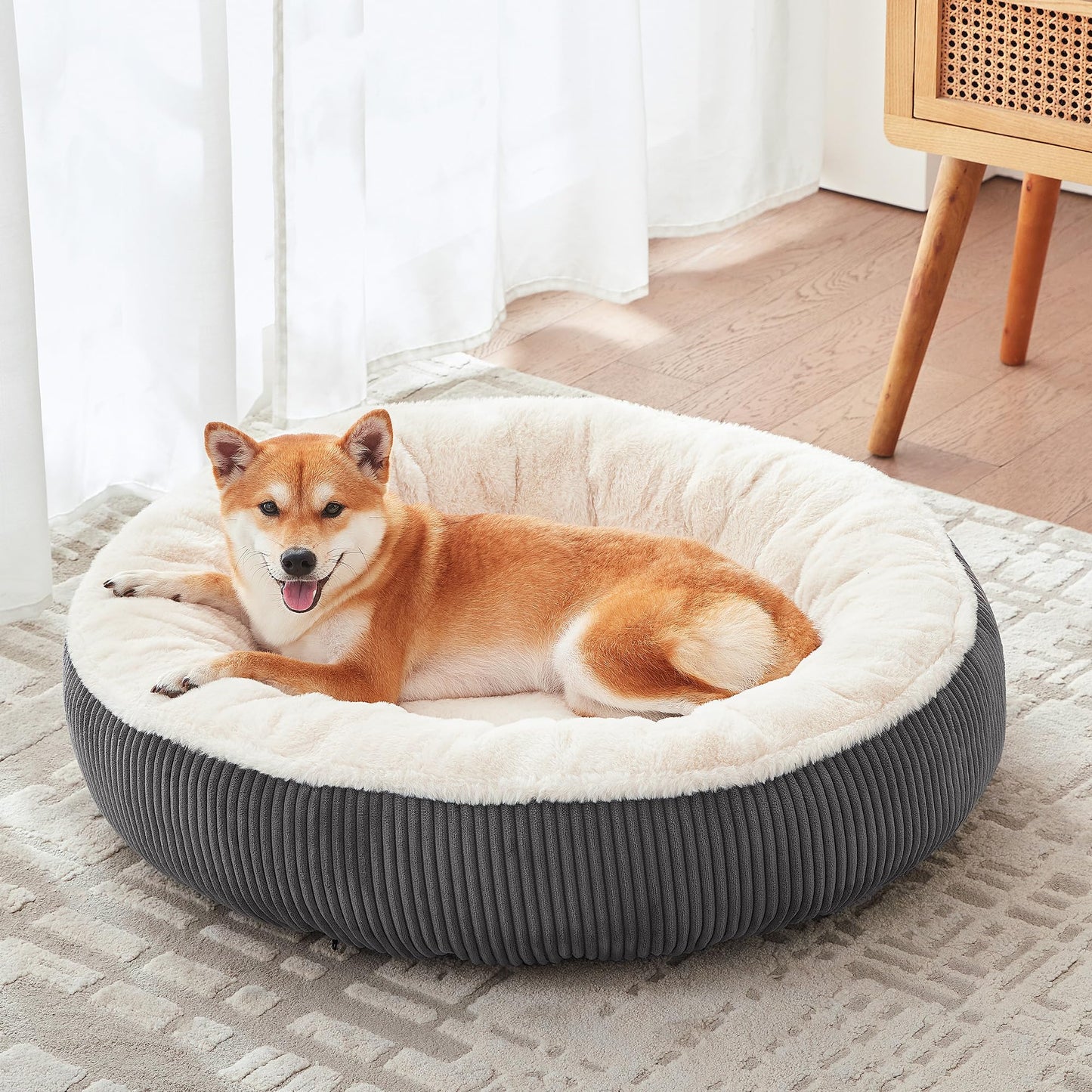 36 inches Donut Dog Bed for Large Dogs - Calming Round Pet Bed with Removable&Washable Cover, Plush Faux Fur & Corduroy, Fits Pets up to 80 lbs(Dark Grey, Large)