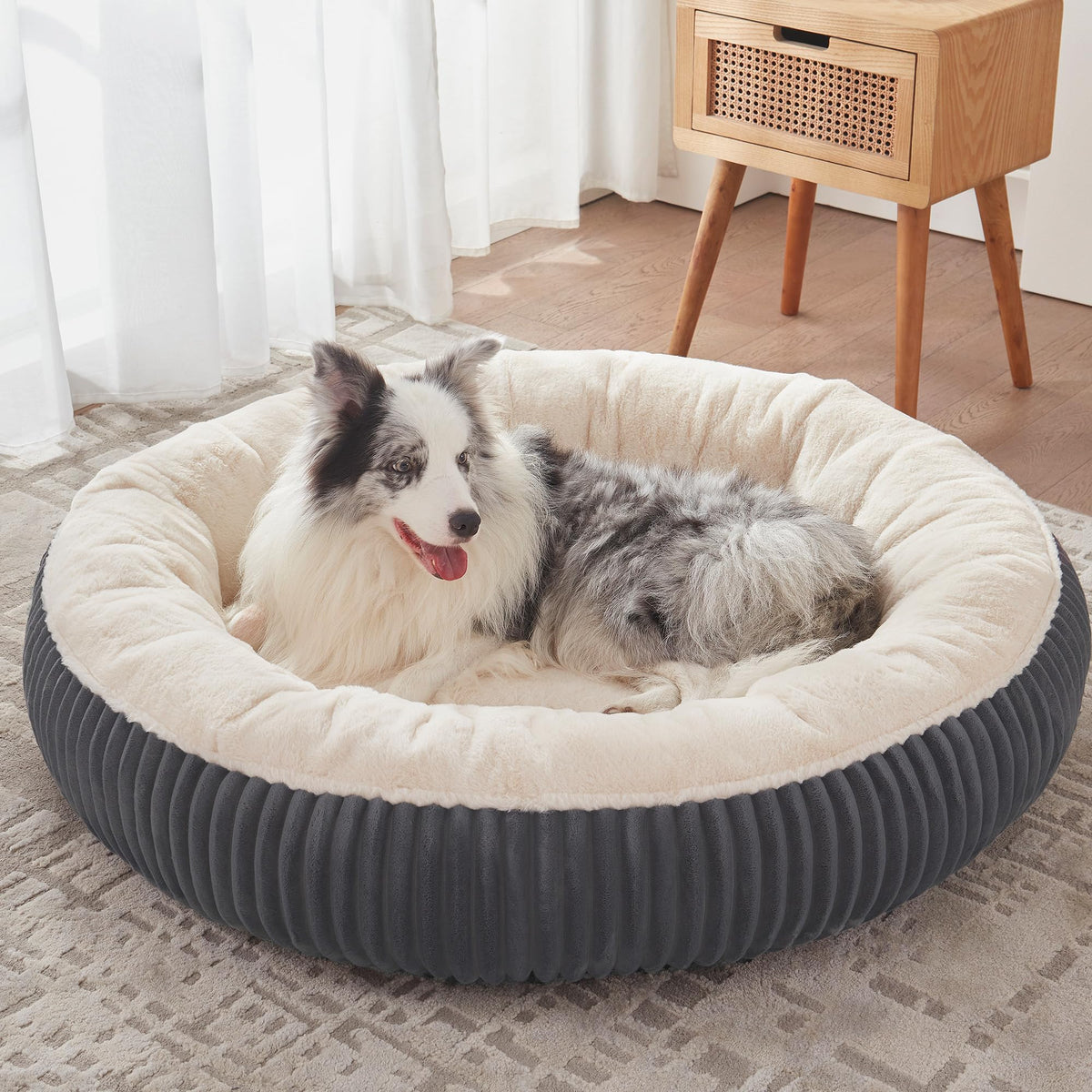 36 inches Donut Dog Bed for Large Dogs - Calming Round Pet Bed with Removable&Washable Cover, Plush Faux Fur & Corduroy, Fits Pets up to 80 lbs(Dark Grey, Large)