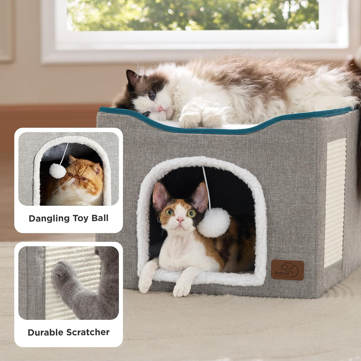 Bedsure Cat House Bed for Indoor Cats with Fluffy Ball and Scratch Pad,Grey | 16.5x16.5x13 in,Large cat cave for multiple pets,Foldable cat hideway cube for sleeping kitten