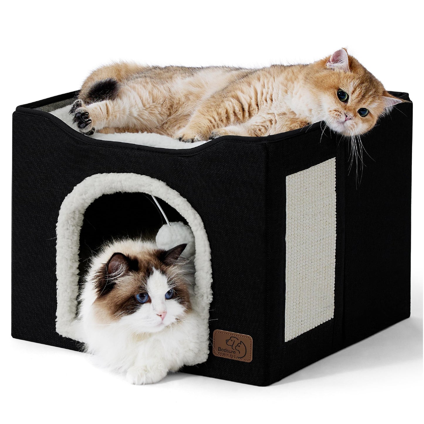 Bedsure Cat House Bed for Indoor Cats with Fluffy Ball and Scratch Pad,Grey | 16.5x16.5x13 in,Large cat cave for multiple pets,Foldable cat hideway cube for sleeping kitten