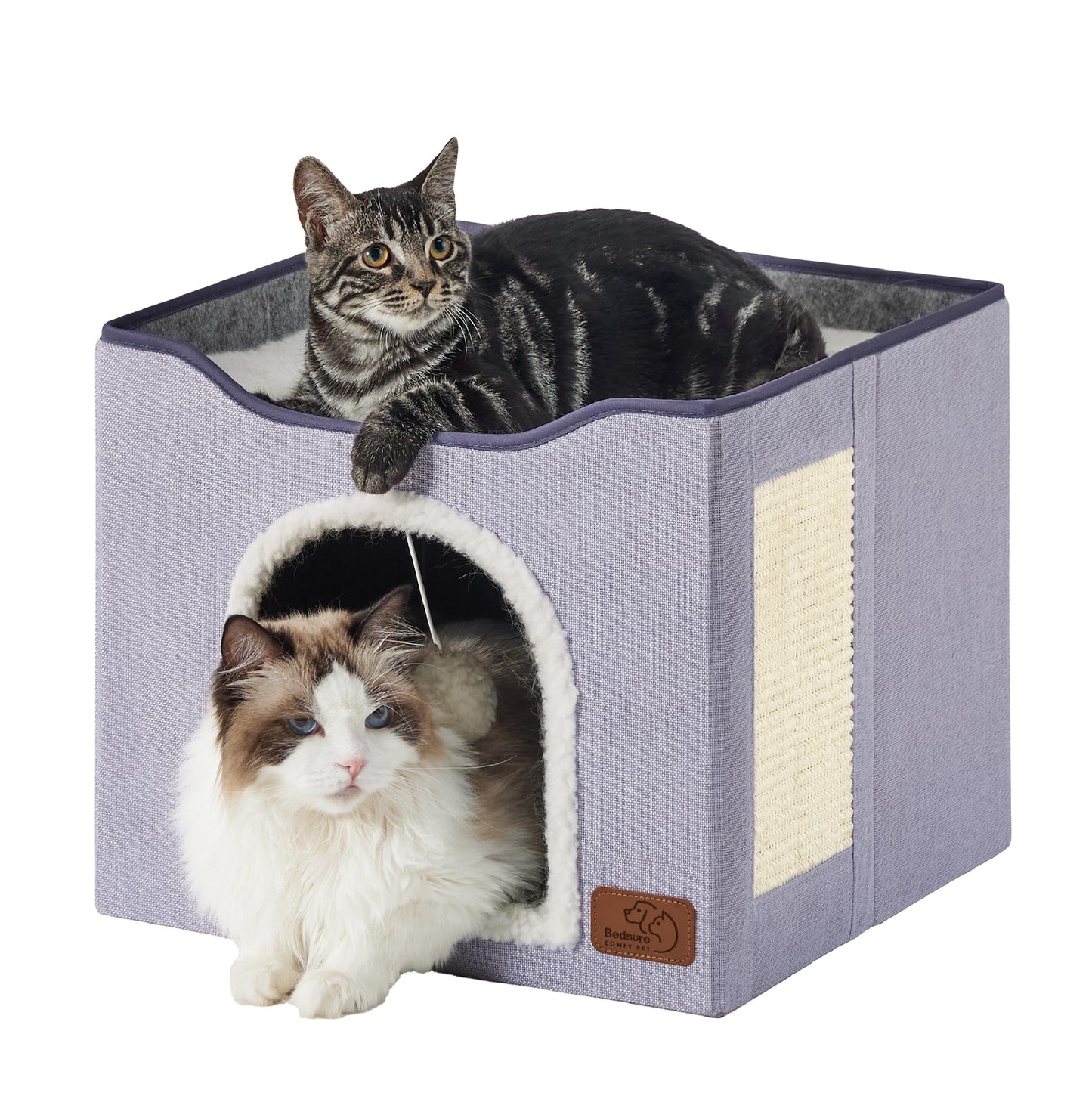 Bedsure Cat House Bed for Indoor Cats with Fluffy Ball and Scratch Pad,Grey | 16.5x16.5x13 in,Large cat cave for multiple pets,Foldable cat hideway cube for sleeping kitten