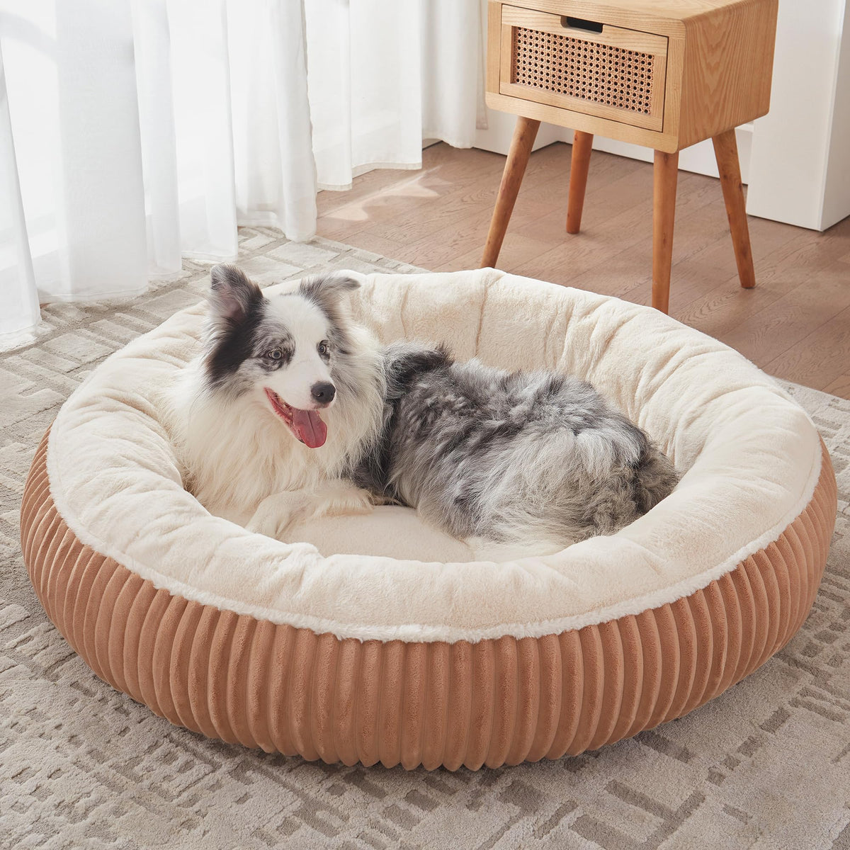 36 inches Donut Dog Bed for Large Dogs - Calming Round Pet Bed with Removable&Washable Cover, Plush Faux Fur & Corduroy, Fits Pets up to 80 lbs(Dark Grey, Large)
