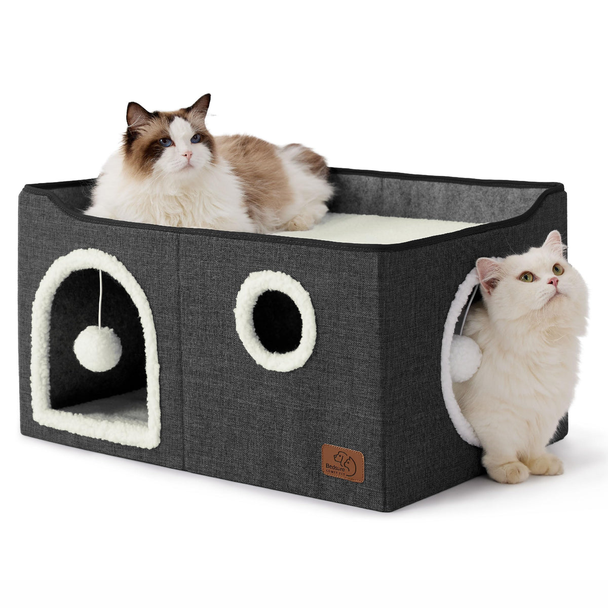 Bedsure Cat House Bed for Indoor Cats with Fluffy Ball and Scratch Pad,Grey | 16.5x16.5x13 in,Large cat cave for multiple pets,Foldable cat hideway cube for sleeping kitten