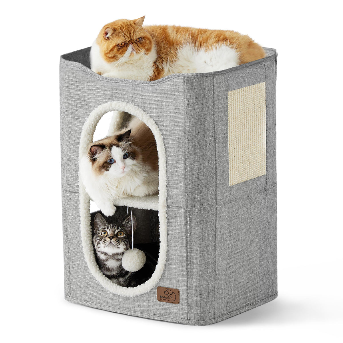 Bedsure Cat House Bed for Indoor Cats with Fluffy Ball and Scratch Pad,Grey | 16.5x16.5x13 in,Large cat cave for multiple pets,Foldable cat hideway cube for sleeping kitten