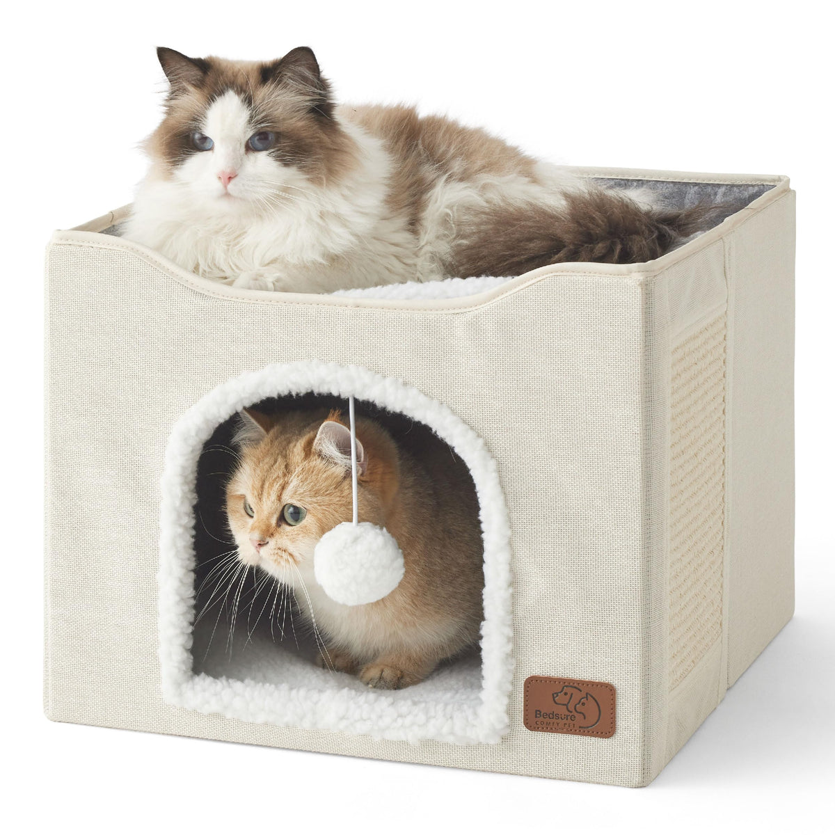 Bedsure Cat House Bed for Indoor Cats with Fluffy Ball and Scratch Pad,Grey | 16.5x16.5x13 in,Large cat cave for multiple pets,Foldable cat hideway cube for sleeping kitten