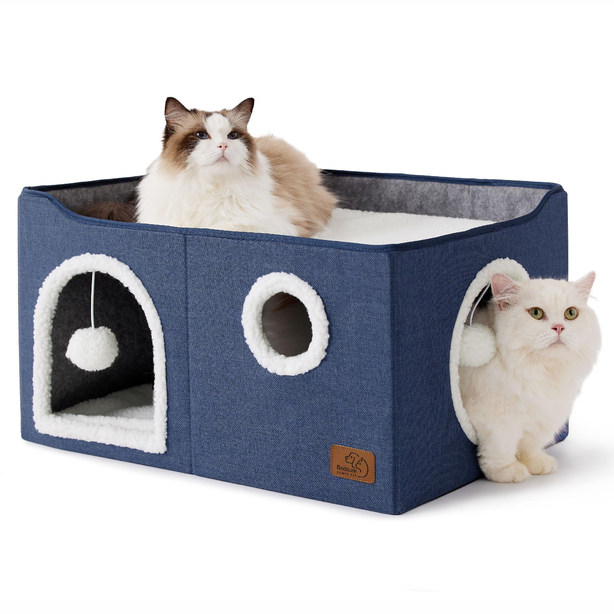 Bedsure Cat House Bed for Indoor Cats with Fluffy Ball and Scratch Pad,Grey | 16.5x16.5x13 in,Large cat cave for multiple pets,Foldable cat hideway cube for sleeping kitten