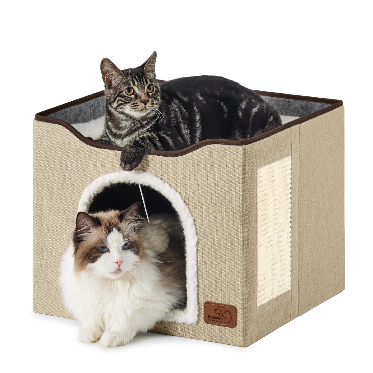 Bedsure Cat House Bed for Indoor Cats with Fluffy Ball and Scratch Pad,Grey | 16.5x16.5x13 in,Large cat cave for multiple pets,Foldable cat hideway cube for sleeping kitten