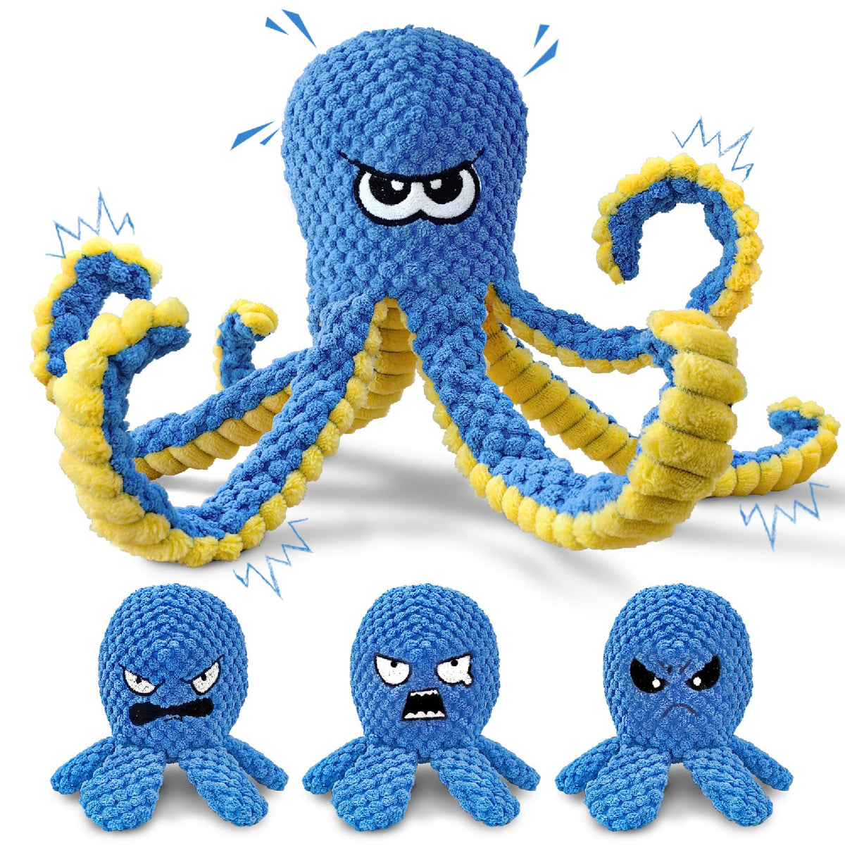 LEGEND SANDY Tough Dog Toys, Stuffed Chew Large Dog Toys to Keep Them Busy, Interactive Squeaky Tug of War Doggie Toy, Crinkle Blue Octopus