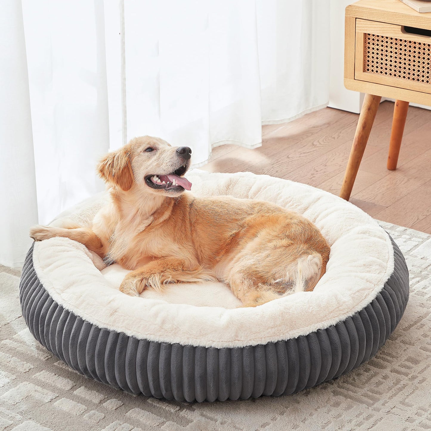 36 inches Donut Dog Bed for Large Dogs - Calming Round Pet Bed with Removable&Washable Cover, Plush Faux Fur & Corduroy, Fits Pets up to 80 lbs(Dark Grey, Large)