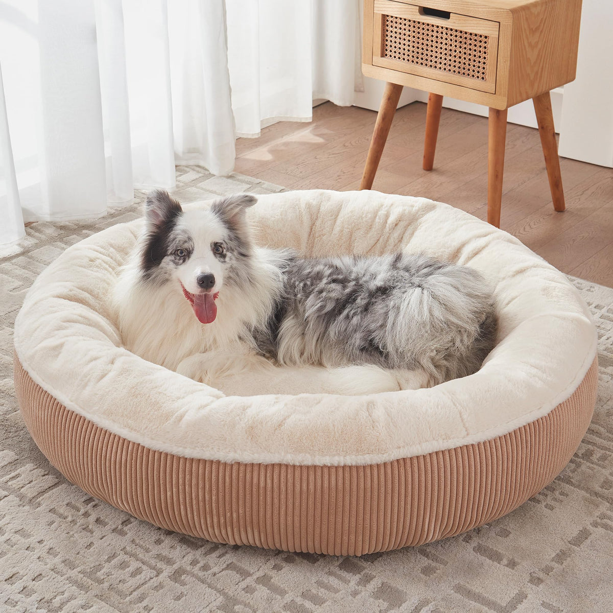 36 inches Donut Dog Bed for Large Dogs - Calming Round Pet Bed with Removable&Washable Cover, Plush Faux Fur & Corduroy, Fits Pets up to 80 lbs(Dark Grey, Large)