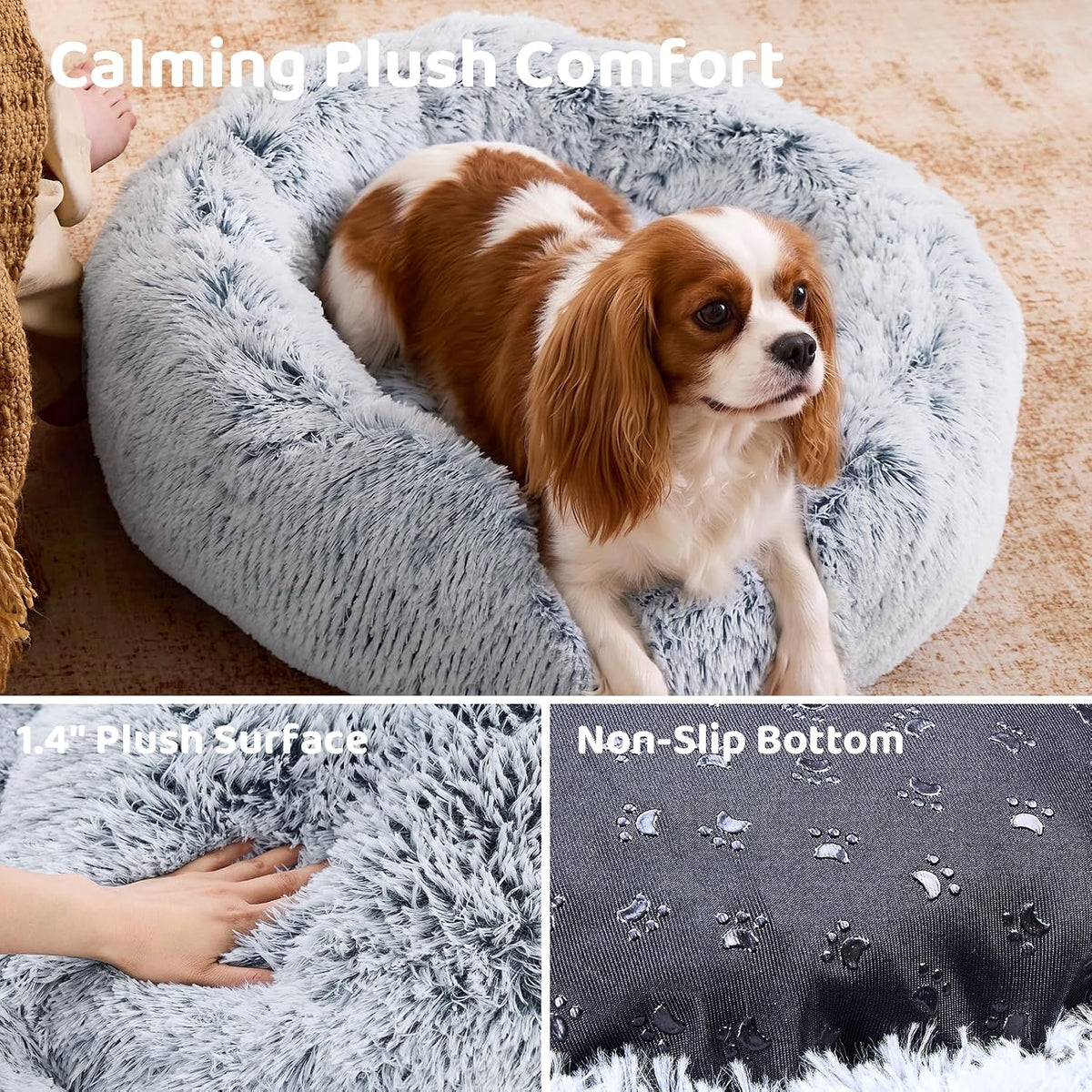 JOLLYVOGUE Small Dog Bed, Calming Soft Anti-Anxiety Donut Cat Bed, Washable Round Fluffy Cushion for Small and Medium Pets (20")