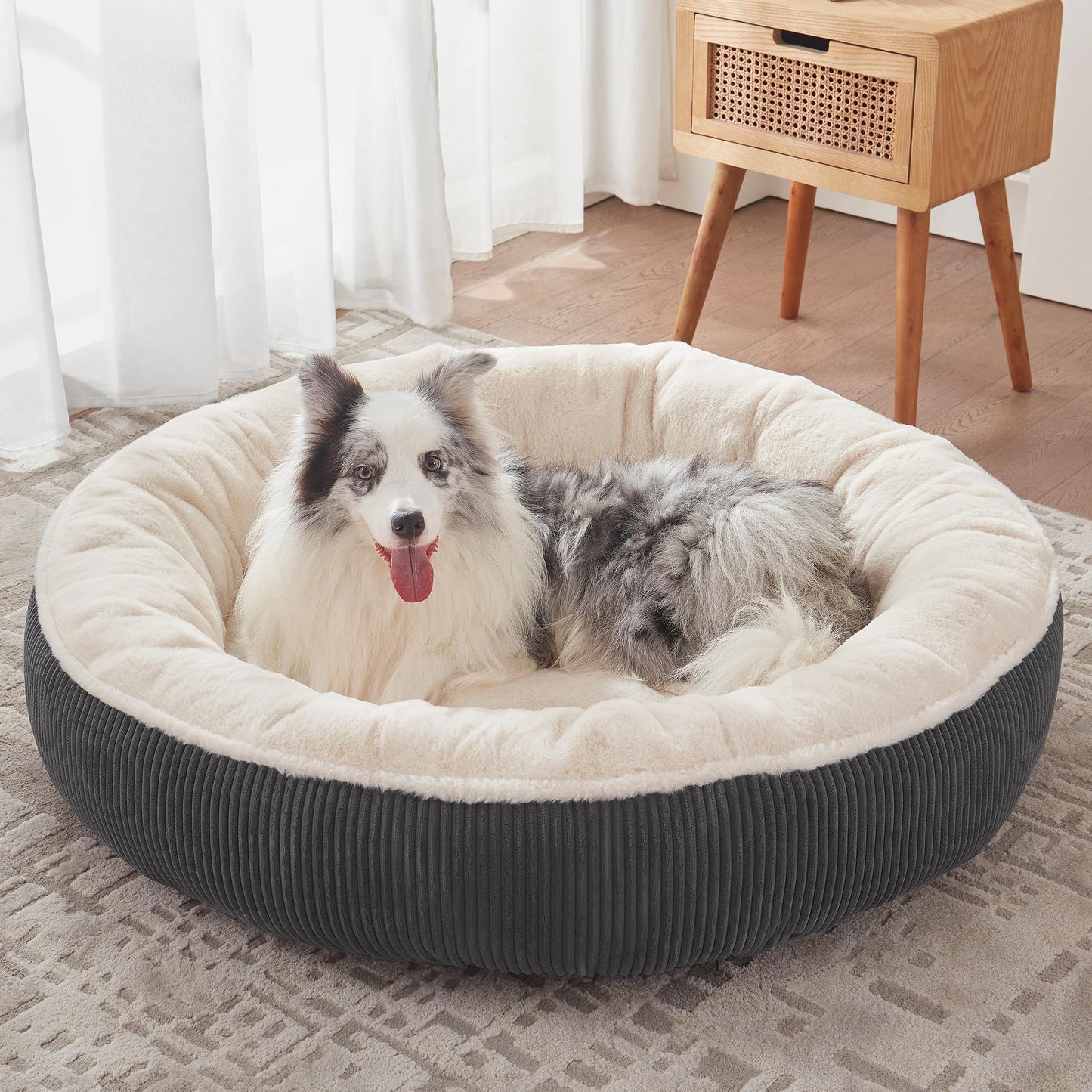 36 inches Donut Dog Bed for Large Dogs - Calming Round Pet Bed with Removable&Washable Cover, Plush Faux Fur & Corduroy, Fits Pets up to 80 lbs(Dark Grey, Large)