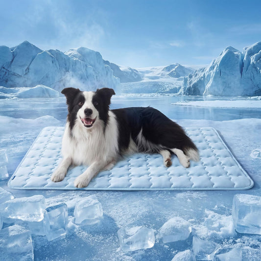 Bedsure Cooling Dog Mat Extra Large, Q-Max>0.5 XL Thin Breathable Cold Crate Pad for Pet, Portable Washable Kennel Bed for Summer Active Dog with Chill Soothing Fabric to Rapid Cooling, 41x28, Blue