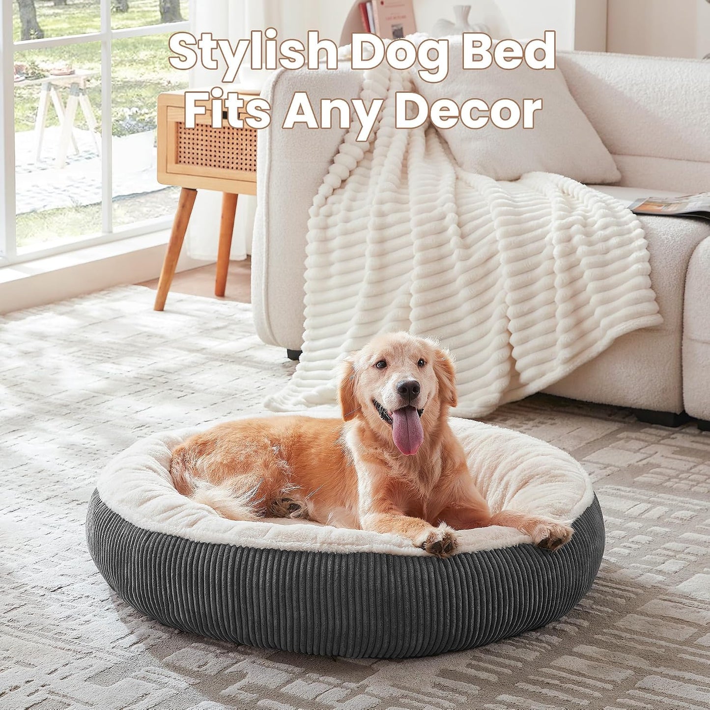 36 inches Donut Dog Bed for Large Dogs - Calming Round Pet Bed with Removable&Washable Cover, Plush Faux Fur & Corduroy, Fits Pets up to 80 lbs(Dark Grey, Large)