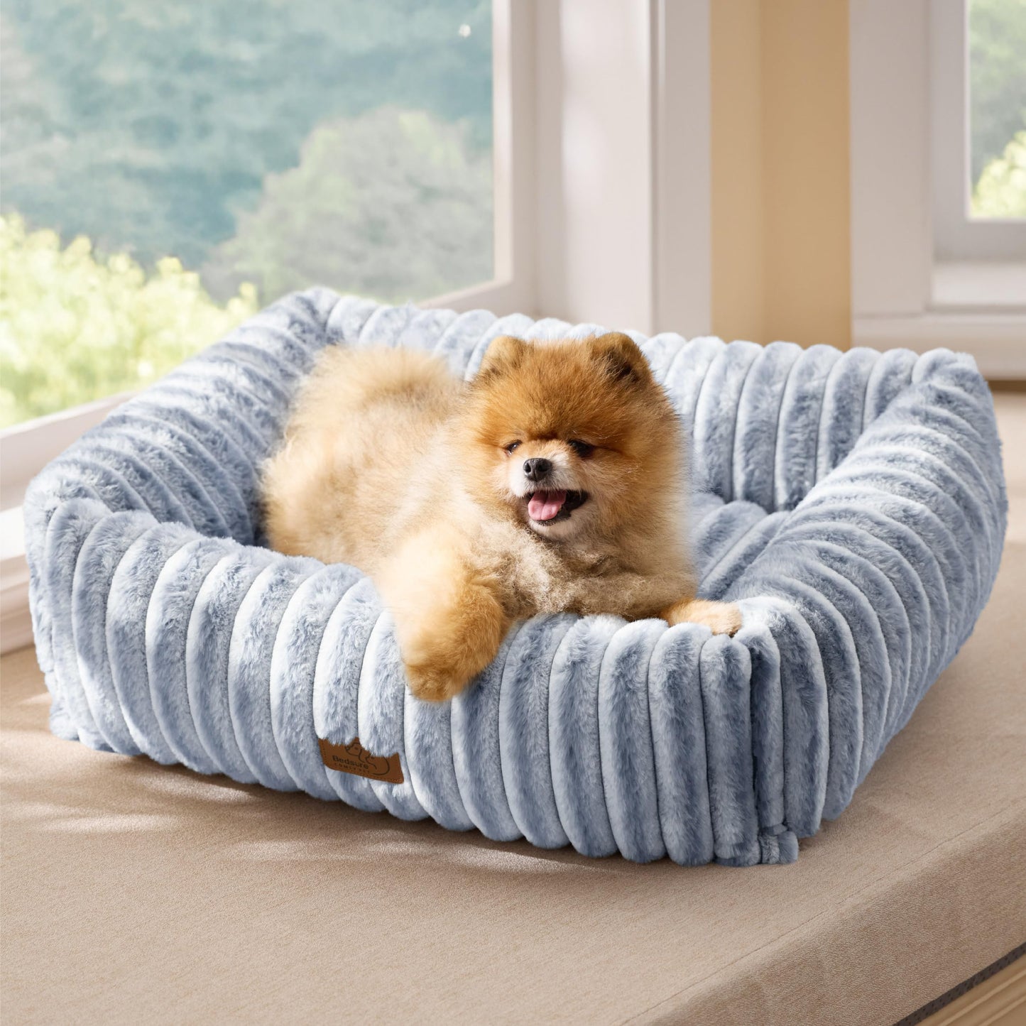 Bedsure ComfyFleece™ Cute Dog Bed for Small Medium Dogs - Washable Furry Puppy Beds, Rectangle Orthopedic Corduroy Fleece Pet Beds with Removable Zipper Cover, 25x21x7inches, Cream