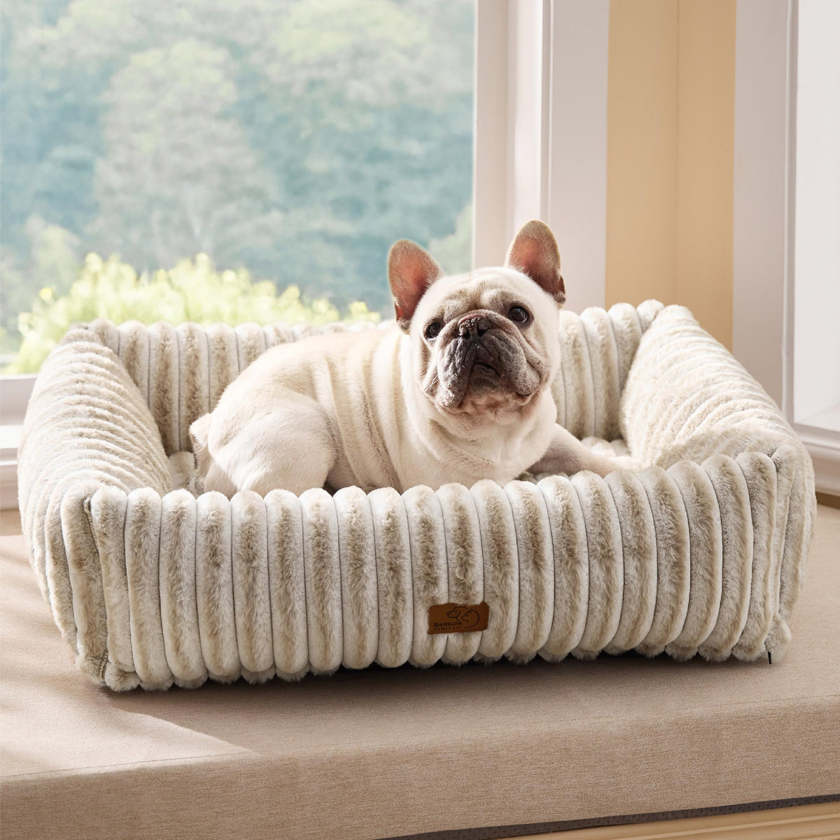 Bedsure ComfyFleece™ Cute Dog Bed for Small Medium Dogs - Washable Furry Puppy Beds, Rectangle Orthopedic Corduroy Fleece Pet Beds with Removable Zipper Cover, 25x21x7inches, Cream