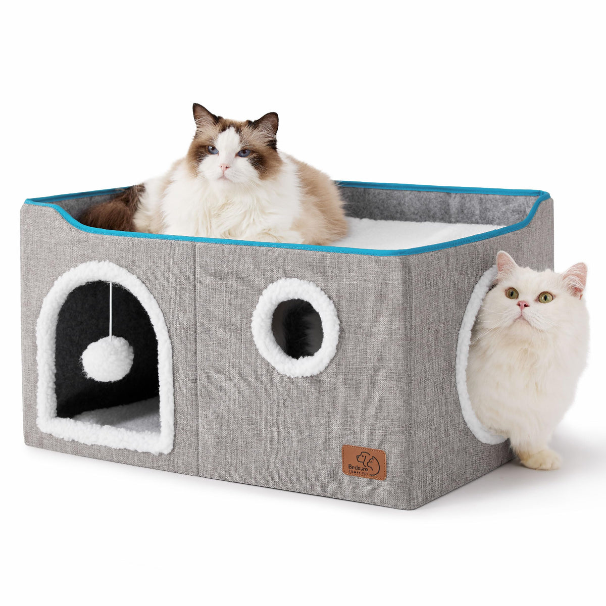 Bedsure Cat House Bed for Indoor Cats with Fluffy Ball and Scratch Pad,Grey | 16.5x16.5x13 in,Large cat cave for multiple pets,Foldable cat hideway cube for sleeping kitten