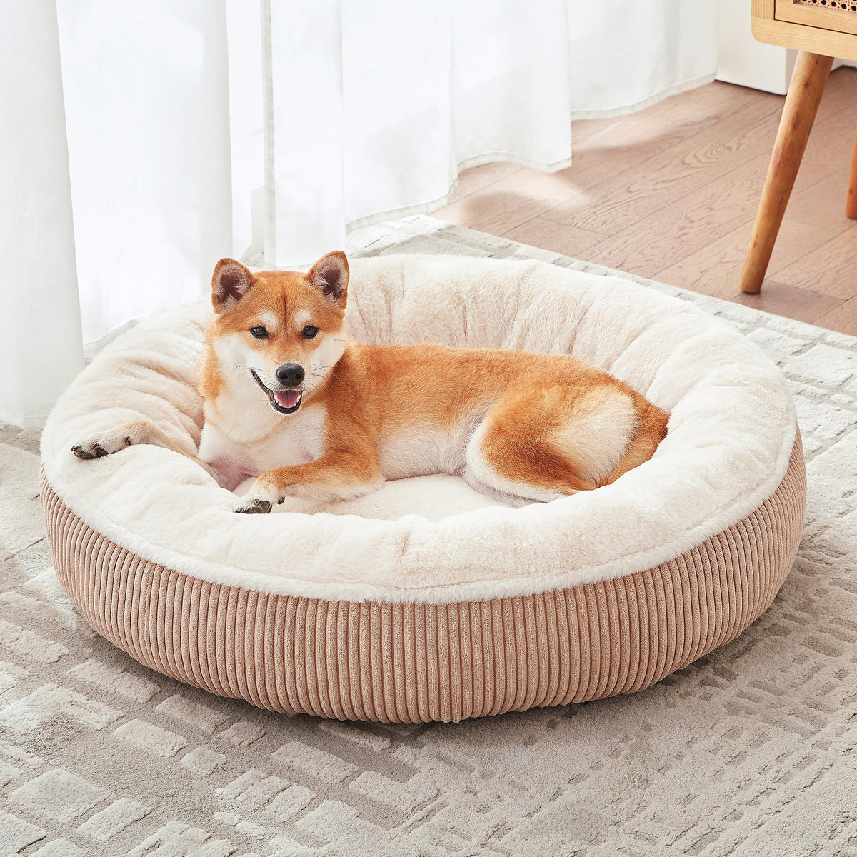 36 inches Donut Dog Bed for Large Dogs - Calming Round Pet Bed with Removable&Washable Cover, Plush Faux Fur & Corduroy, Fits Pets up to 80 lbs(Dark Grey, Large)