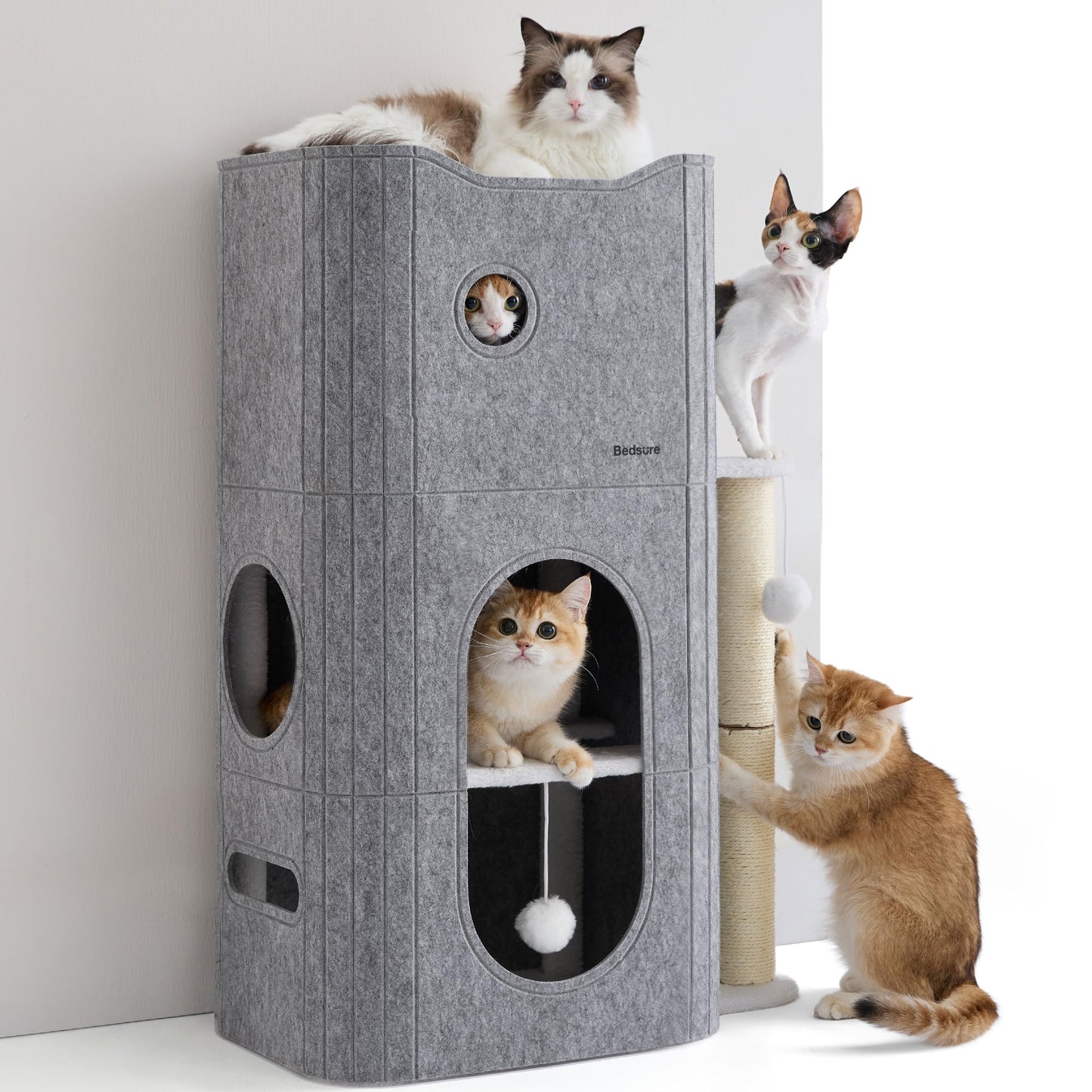 Bedsure Cat House Bed for Indoor Cats with Fluffy Ball and Scratch Pad,Grey | 16.5x16.5x13 in,Large cat cave for multiple pets,Foldable cat hideway cube for sleeping kitten