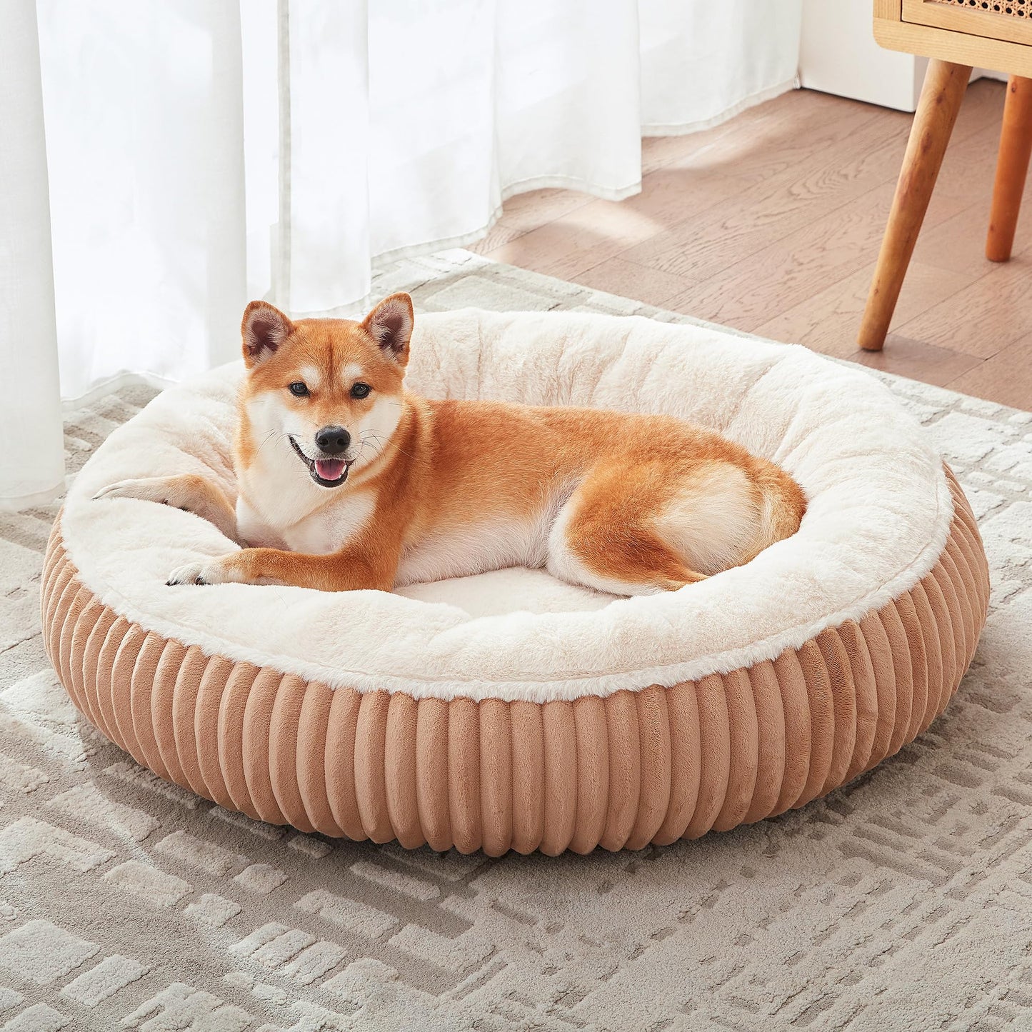36 inches Donut Dog Bed for Large Dogs - Calming Round Pet Bed with Removable&Washable Cover, Plush Faux Fur & Corduroy, Fits Pets up to 80 lbs(Dark Grey, Large)