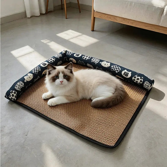 Pet cooling mat for cats and dogs, breathable woven design for summer cooling, includes soft-edged cushion, non-slip and wear-resistant pet bed available in multiple sizes