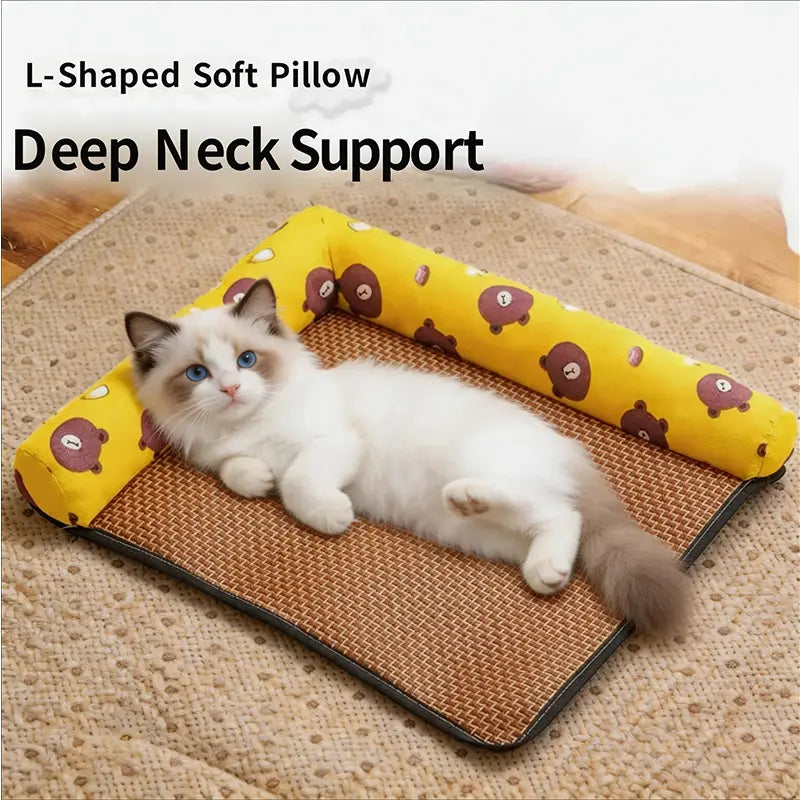 Pet cooling mat for cats and dogs, breathable woven design for summer cooling, includes soft-edged cushion, non-slip and wear-resistant pet bed available in multiple sizes