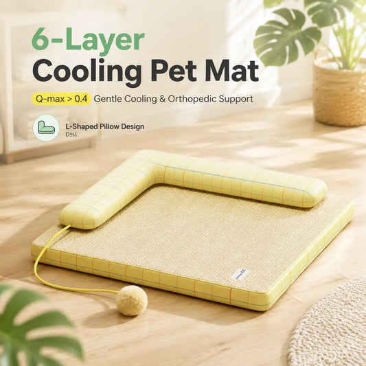 Orthopedic Cooling Dog Bed with Neck Pillow ️ 6-Layer Breathable Pet Cooling Mat, 45D High-Resilience Foam, Washable, Non-Slip, for Small Large Dogs & Cats