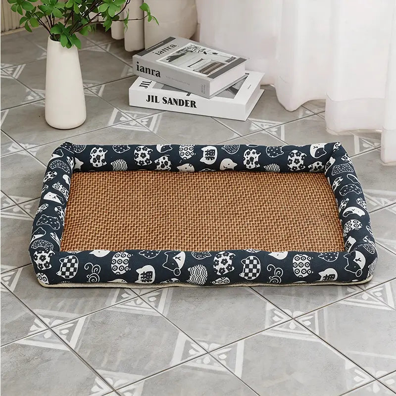 Pet cooling mat for cats and dogs, breathable woven design for summer cooling, includes soft-edged cushion, non-slip and wear-resistant pet bed available in multiple sizes